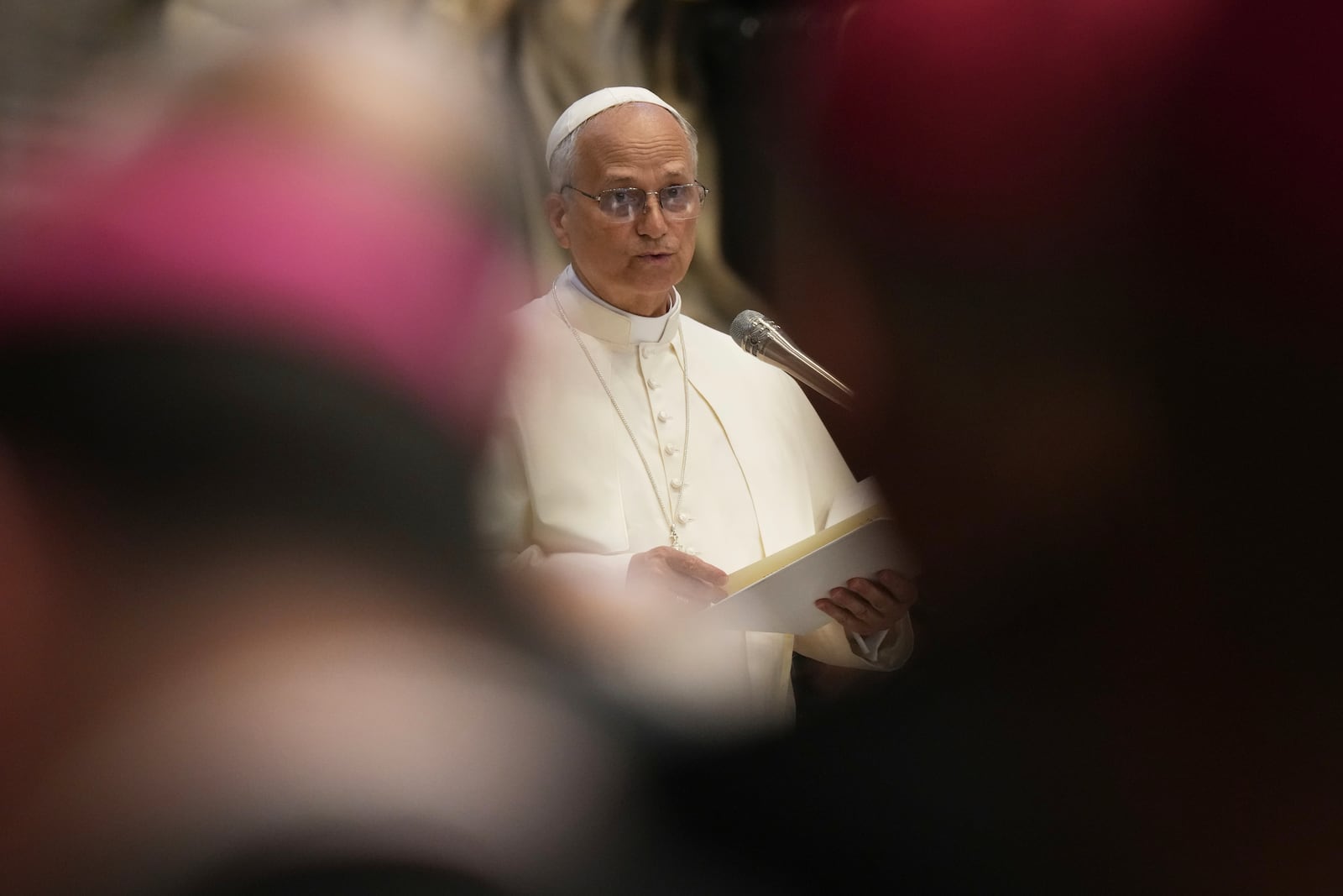 Pope Leo XIV leads a meditation with the participants into the Jubilee of Bishops inside St. Peter's Basilica, at the Vatican, Wednesday, June 25, 2025. (AP Photo/Andrew Medichini)