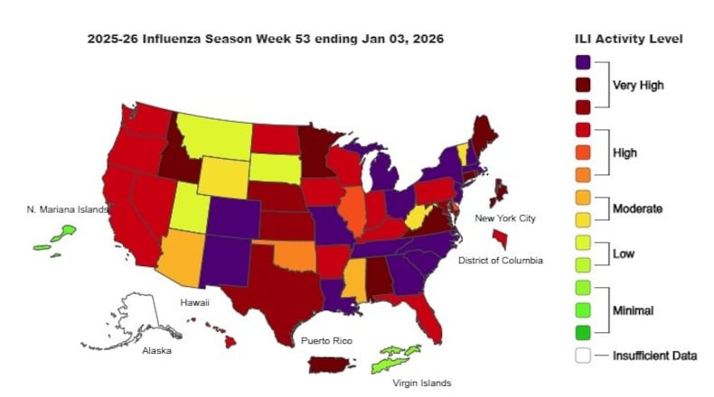 This is the weekly Outpatient Respiratory Illness Activity map from the CDC, for the week ending Jan 03, 2026.