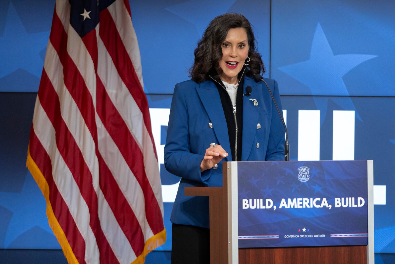 Michigan Gov. Gretchen Whitmer gives a policy speech at an event on Wednesday, April 9, 2025, in Washington. (AP Photo/Mark Schiefelbein)