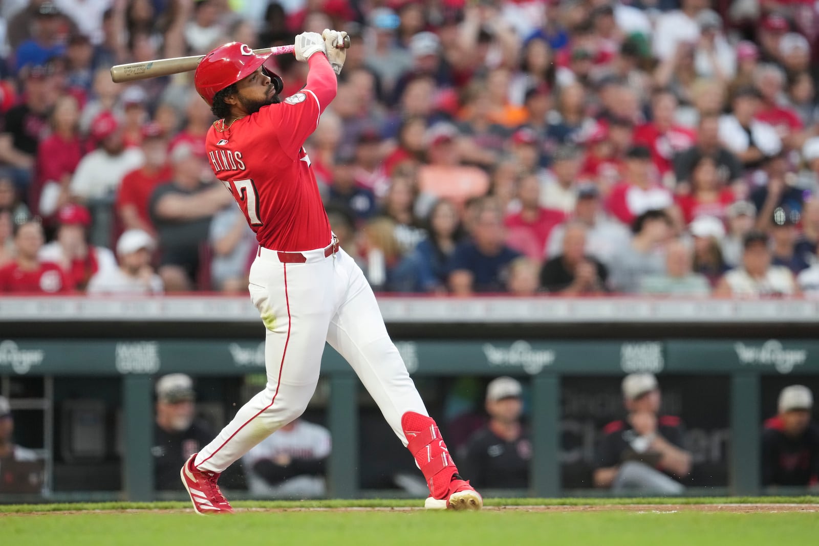 Cincinnati Reds' Rece Hinds watches his solo home run during the seventh inning of a baseball game against the Cleveland Guardians, Saturday, May 17, 2025, in Cincinnati. (AP Photo/Jeff Dean)