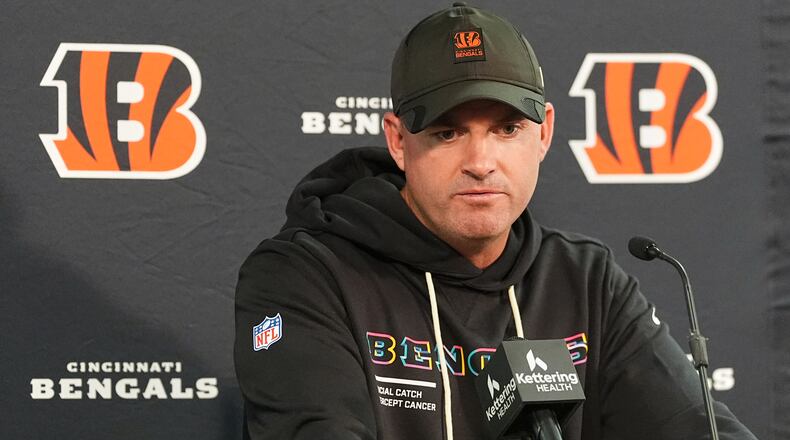 Cincinnati Bengals head coach Zac Taylor responds to questions during a news conference after an NFL football game Monday, Sept. 29, 2025, in Denver. (AP Photo/David Zalubowski)