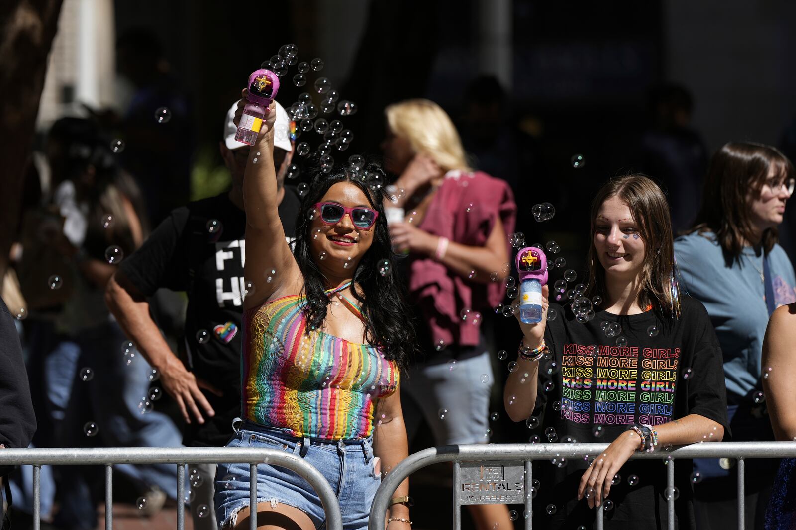 Revelers participate with bubble machines in the Pride Parade, Sunday, June 29, 2025, in San Francisco. (AP Photo/Godofredo A. Vásquez)