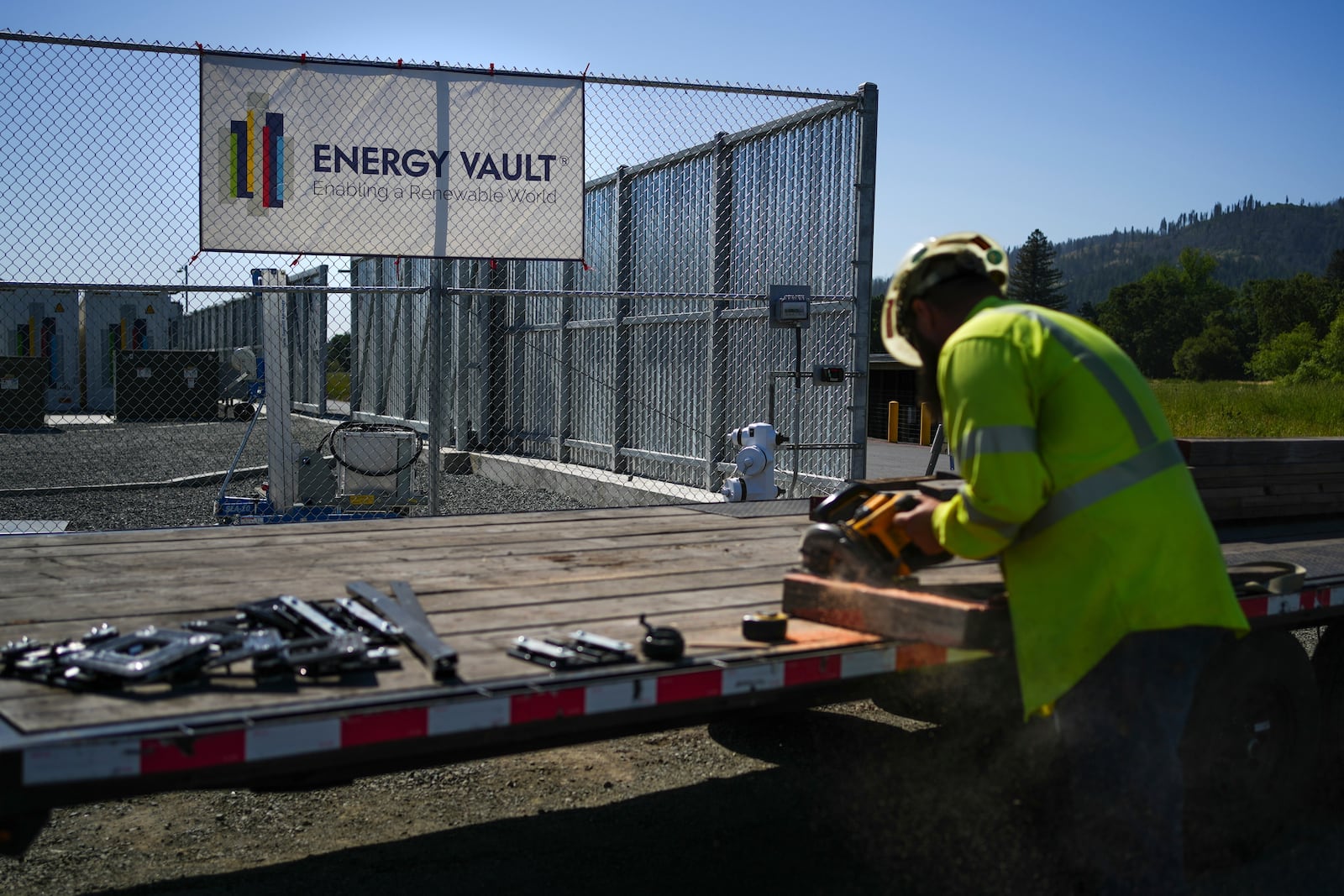 An employee works at Energy Vault on Tuesday, May 27, 2025, in Calistoga, Calif., where the company is building an emergency power system using hydrogen and battery storage. (AP Photo/Annika Hammerschlag)