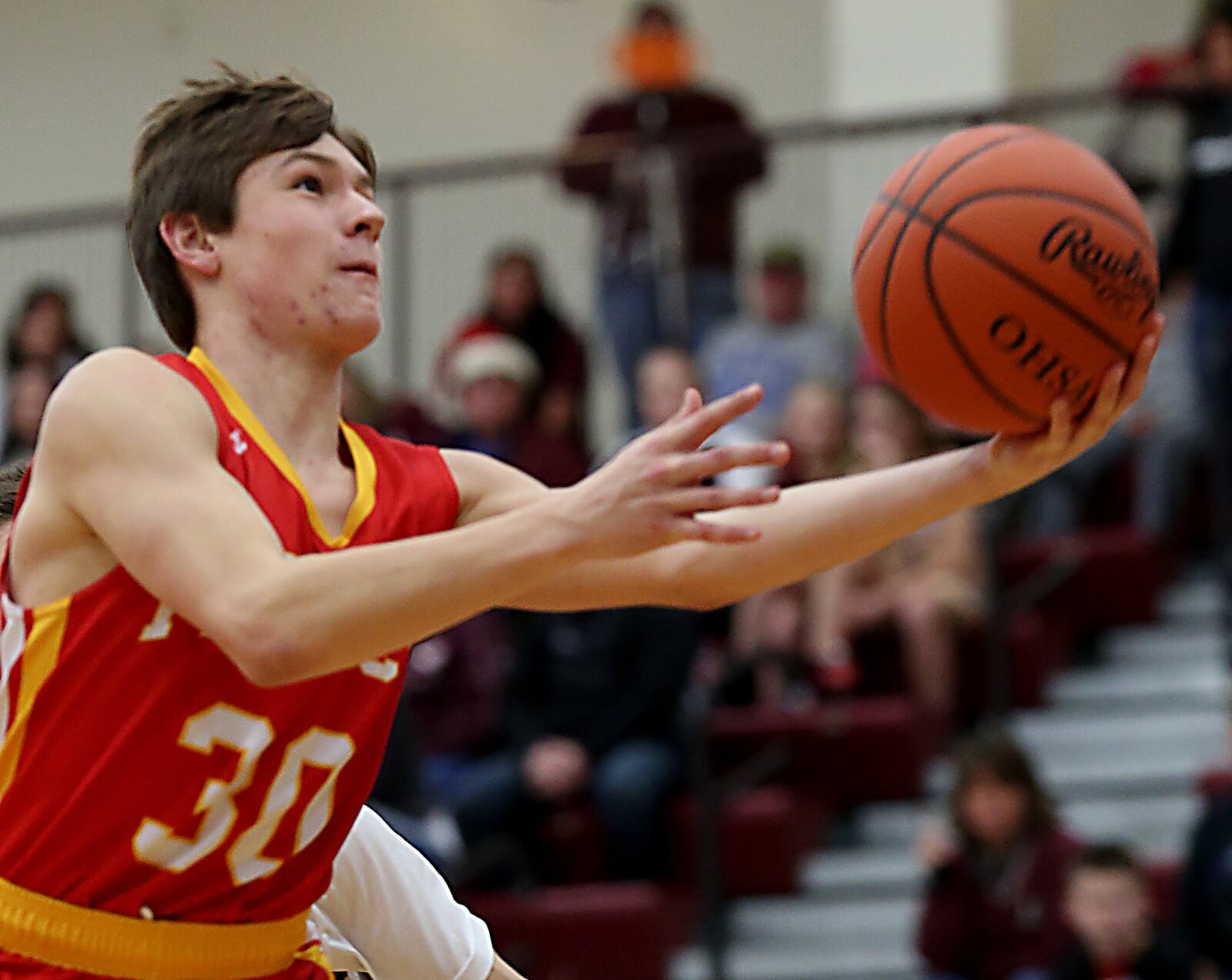 Fenwick guard John Engelmeier goes up for two points during Saturday night’s game at Lebanon. CONTRIBUTED PHOTO BY E.L. HUBBARD