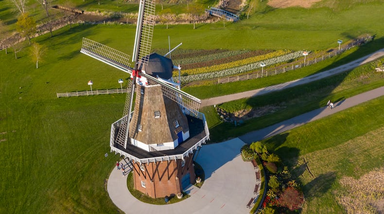 De Zwaan windmill at Windmill Island Gardens park, in Holland, Michigan, April 29, 2021. (David Guralnick/The Detroit News/TNS)