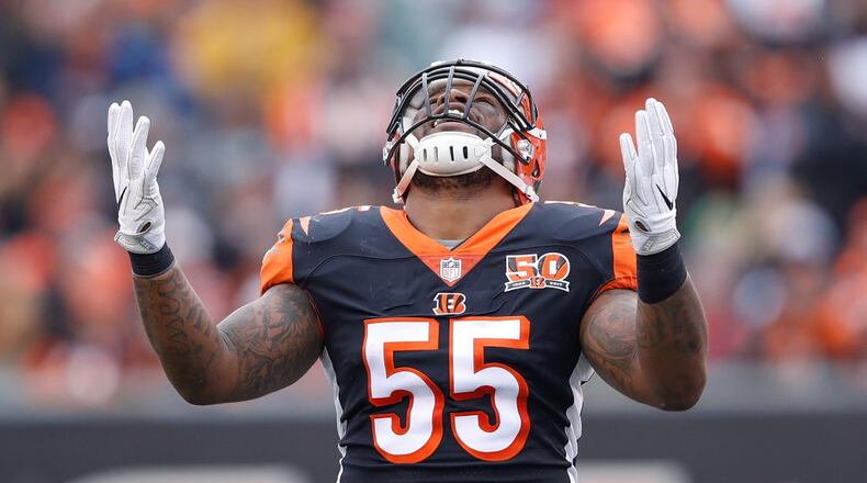 CINCINNATI, OH - DECEMBER 24: Vontaze Burfict #55 of the Cincinnati Bengals reacts against the Detroit Lions during the first half at Paul Brown Stadium on December 24, 2017 in Cincinnati, Ohio. (Photo by Joe Robbins/Getty Images)