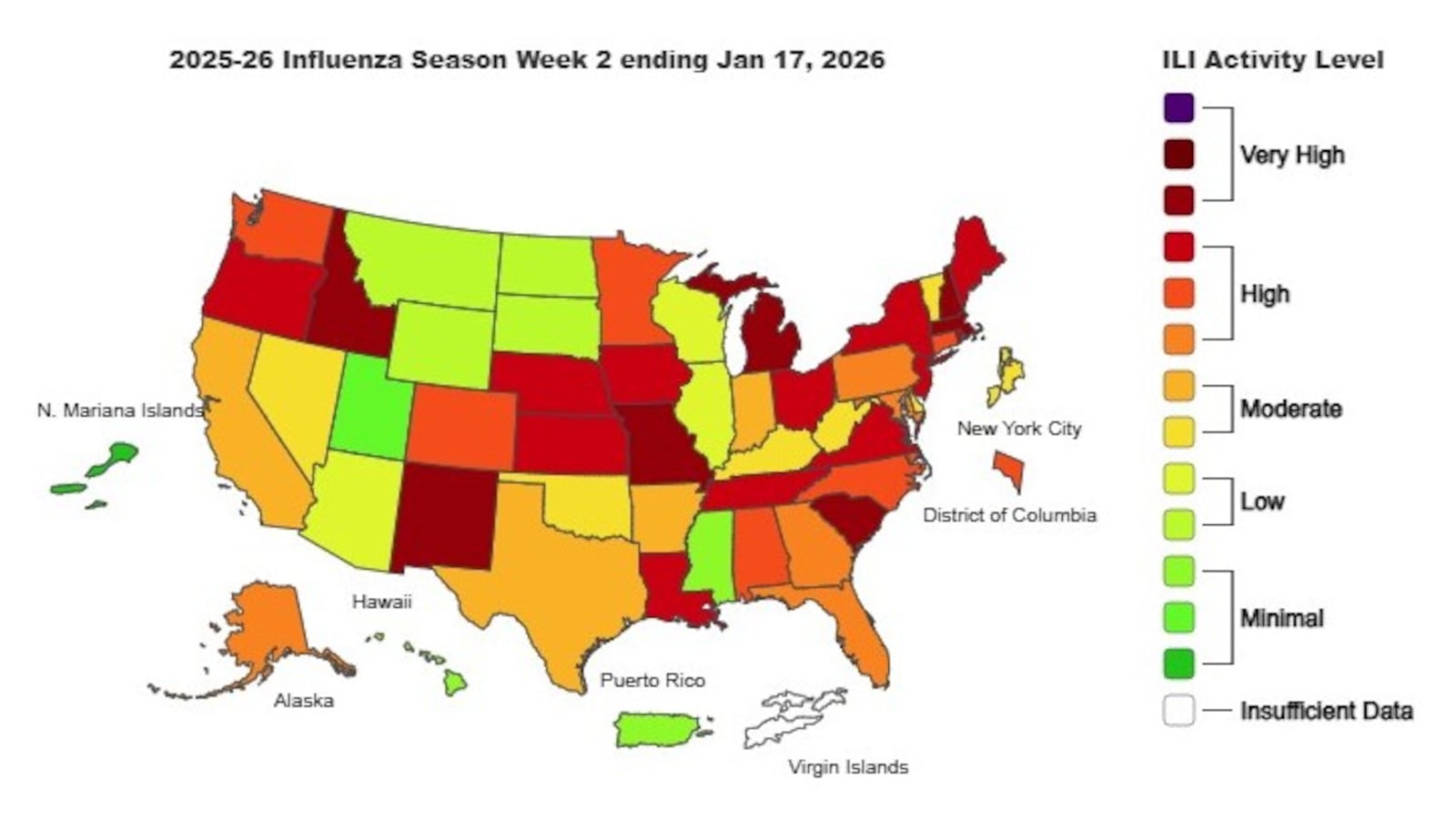 CDC Flu map for week ending Jan. 17, 2026.