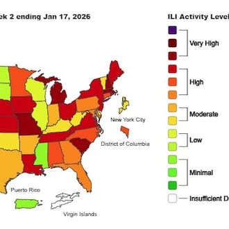 This is the weekly Outpatient Respiratory Illness Activity map from the CDC, for the week ending Jan 17, 2026.