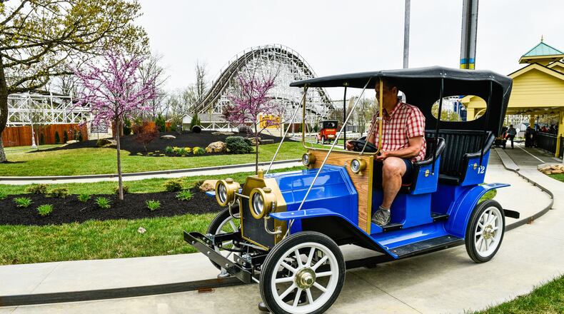 Kings Island held their media day event previewing what to expect this year Wednesday, April 17, 2019 in Mason. The antique cars are back renamed as Kings Mills Antique Autos. Guests will be able to drive a two-thirds-scale 1911 Ford Model T around a scenic quarter-mile track equipped with a small rail to keep the car on path.  NICK GRAHAM/STAFF