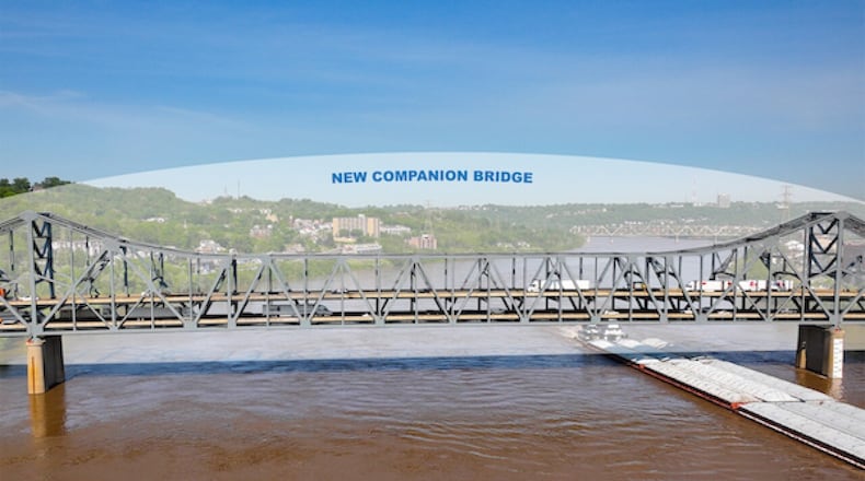 The 2022 model of a planned companion bridge for the Brent Spence Bridge that connects Ohio and Kentucky in Cincinnati and Newport successfully reduces congestion and improves safety for both bridges, but with the added result of having fewer property impacts overall, according to a press release from the governors of both states. CONTRIBUTED/The Brent Spence Bridge Corridor