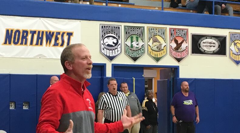 Fairfield coach Jeff Sims questions a call during Tuesday night’s 58-44 loss at Northwest. RICK CASSANO/STAFF