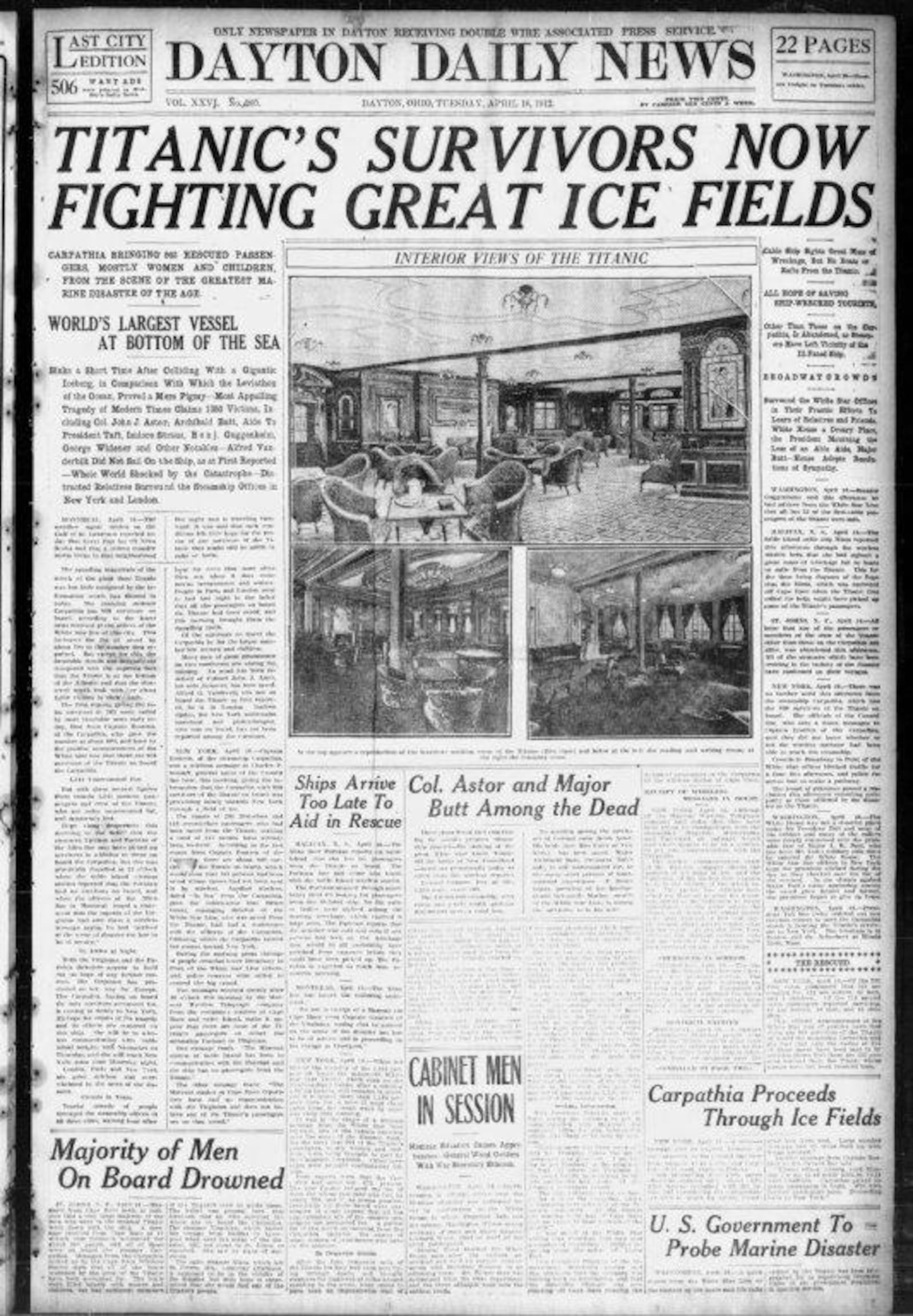 Dayton Daily News front page from April 16, 1912 covering the Titanic sinking.