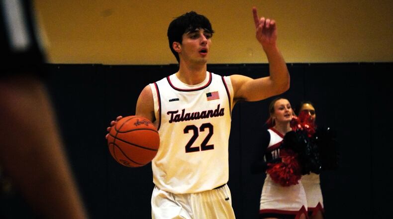 Talawanda's Cale Leitch (22) brings the ball up court against Cincinnati Christian on Tuesday night. Chris Vogt/CONTRIBUTED