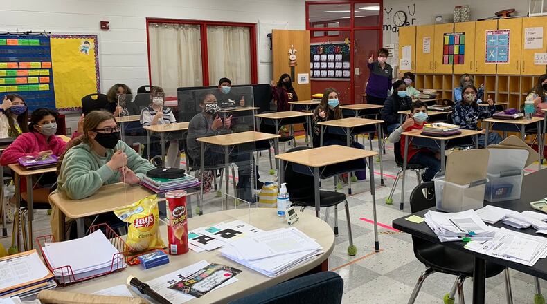 For the first time this school year, Middletown Schools held all, in-person classes in all 10 of its school buildings. The district, which was one of the few in the region to start the school year with all remote learning, had been on a hybrid class schedule until Monday. Pictured is a class from Highview Elementary. (Provided Photo\Journal-News)
