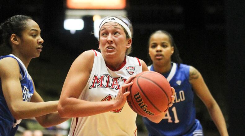 Miami forward Kirsten Olowinski (45) goes up for a shot during their game against Buffalo at Millett Hall in Oxford, Thursday, Jan. 31, 2013. Staff photo by Greg Lynch