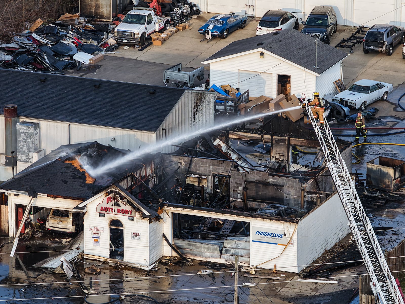 Rice Auto Body on Millville Oxford Road was on fire Monday, March 30, 2026. NICK GRAHAM/STAFF