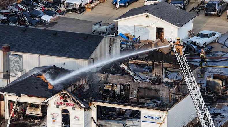 Rice Auto Body on Millville Oxford Road was on fire Monday, March 30, 2026. NICK GRAHAM/STAFF