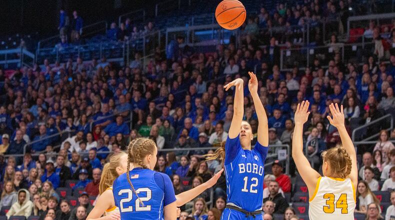 Springboro's Bryn Martin shoots from three-point range during the Division I state title game against Olmsted Falls at UD Arena. Jeff Gilbert/CONTRIBUTED