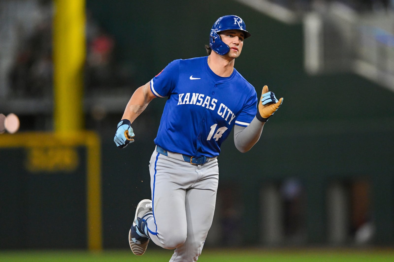 Kansas City Royals' Jac Caglianone rounds second base after hitting his second home run of the game and second of his career during a baseball game against the Texas Rangers, Thursday, June 19, 2025, Arlington, Texas. (AP Photo/Albert Pena)