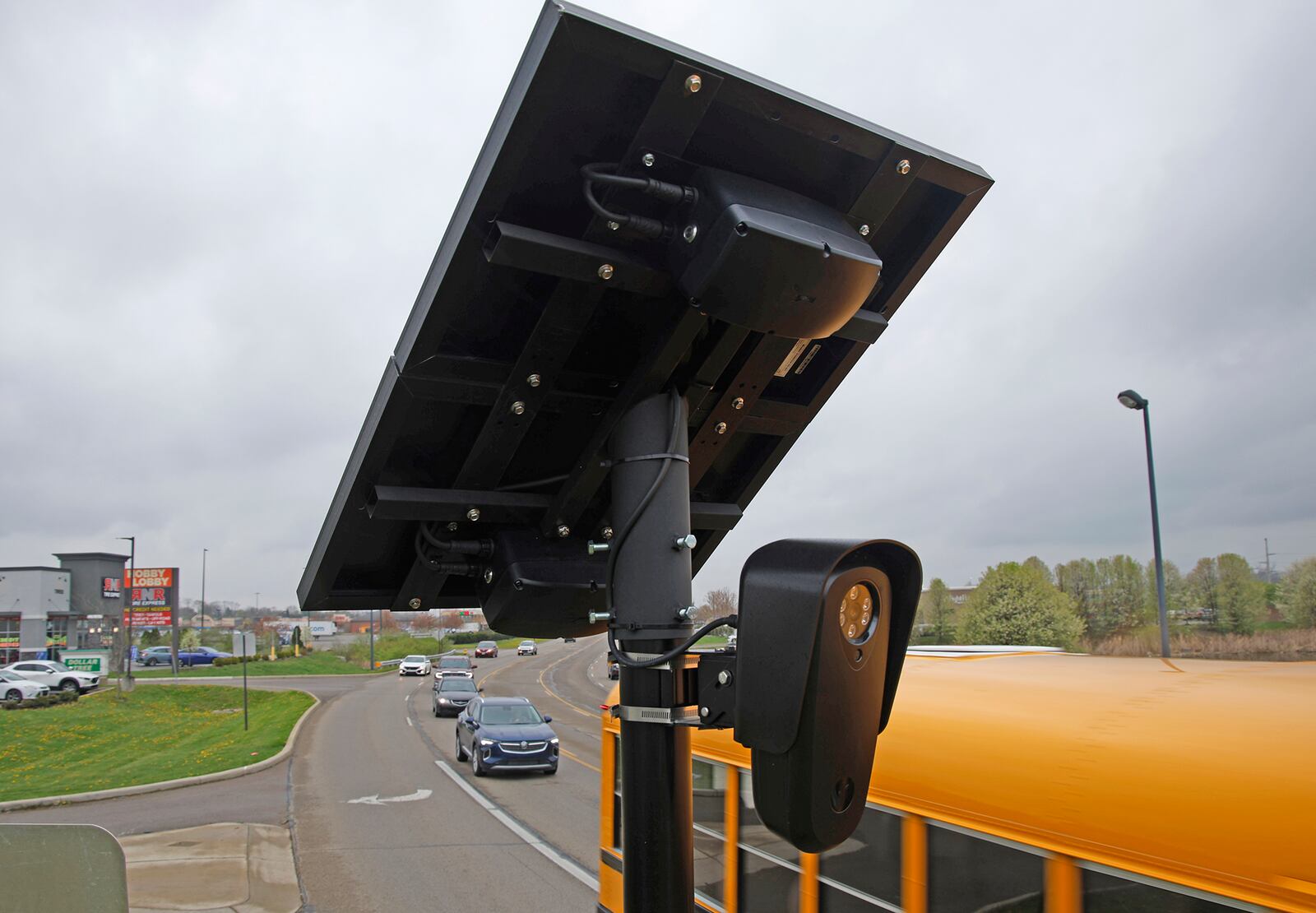 One of the Flock Safety cameras in use on Bechtle Avenue in Springfield on Wednesday, April 10, 2024. The cameras automatically read license plates of vehicles, and police departments say they help solve and prevent crime. BILL LACKEY/STAFF