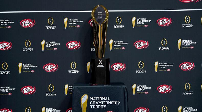 SAN JOSE, CA - JANUARY 05: A detailed view of the National Championship Trophy on display during the College Football Playoff National Championship Media Day for the Alabama Crimson Tide and Clemson Tigers at SAP Center on January 5, 2019 in San Jose, California. (Photo by Thearon W. Henderson/Getty Images)