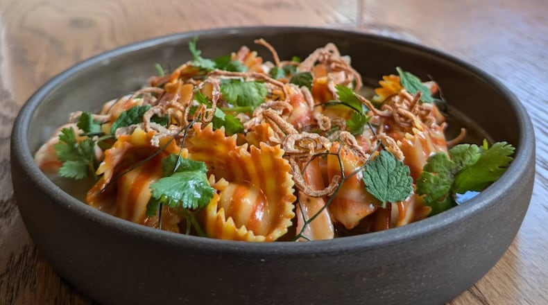 Chicken tortelli with chili striped dough, smoked shrimp sauce, shrimp, 'nuoc cham' style dressing and a bunch of fried shallots and fun herbs from Wildweed in Cincinnati (INSTAGRAM PHOTO).