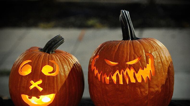 Pumpkins are carved and ready for Halloween.