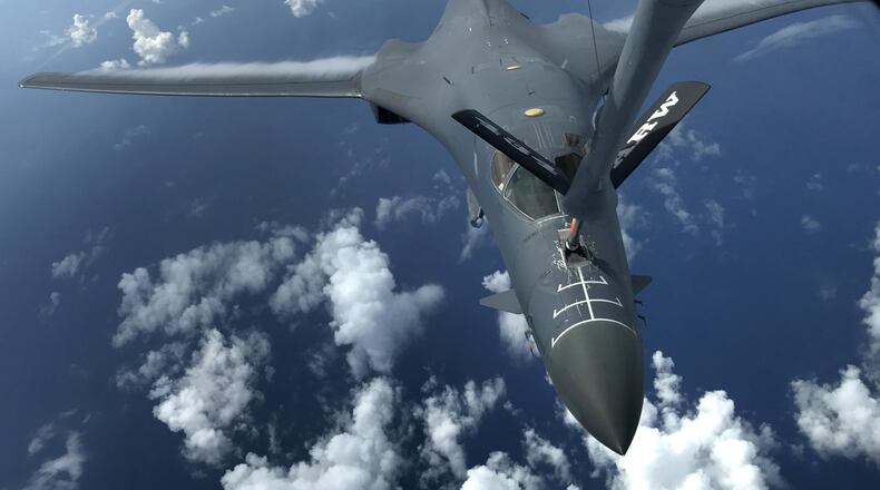 A U.S. Air Force B-1B Lancer assigned to the 37th Expeditionary Bomb Squadron, deployed from Ellsworth Air Force Base, S.D., refuels during a mission from Andersen Air Force Base, Guam, flying in the vicinity of Kyushu, Japan, the East China Sea, and the Korean Peninsula, Aug. 7, 2017.