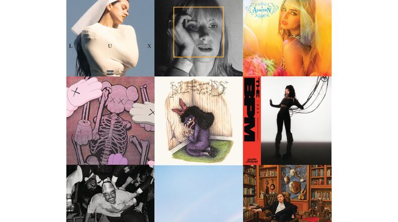This combination of album covers shows, top row from left, "LUX" by Rosalía, "Ego Death At a Bachelorette Party" by Hayley Williams, "Addison" by Addison Rae, middle row from left, “Let God Sort Em Out” by Clipse, "Bleeds" by Wednesday, "The BPM" by Sudan Archives, bottom row from left, "Baby" by Dijon, "Never Enough" by Turnstile, and "Snipe Hunter" by Tyler Childers. (Columbia/Post Atlantic/Columbia/Roc Nation/Dead Ocean/Stones Throw Records/R&R-Warner Records/Roadrunner Records/RCA via AP)
