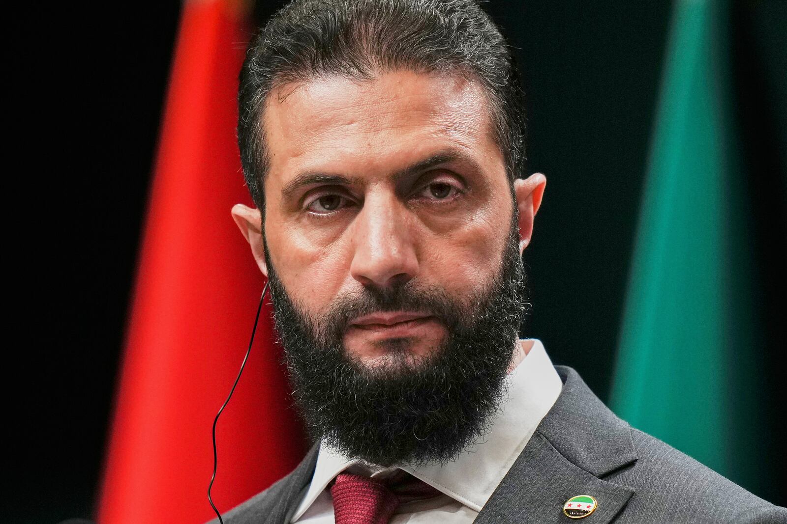 FILE - Syria's interim President Ahmad al-Sharaa, looks on during a joint press conference with Turkish President Recep Tayyip Erdogan at the presidential palace in Ankara, Turkey, Feb. 4, 2025. (AP Photo/Francisco Seco, File)