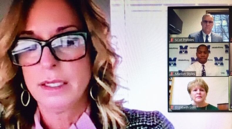 Ohio's public schools need a new state funding formula and has for decades, argued area school officials Tuesday during on online meeting to lobby the Ohio Senate to approve a new bill already passed by the Ohio House earlier this month. Lakota Schools Treasurer Jenni Logan (left) was one of the main speakers during the online meeting, which included 65 area school officials. (Photo By Michael D. Clark\Journal-News)