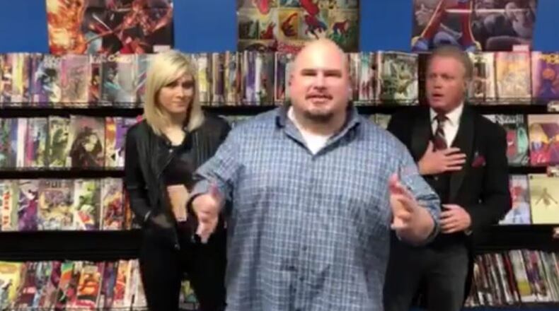 Future Great Wrestling owner Brian LeVick, center, with a wrestler and the organization’s announcer in a promotional video for the Friday-evening events, which they hope can begin in January. PROVIDED