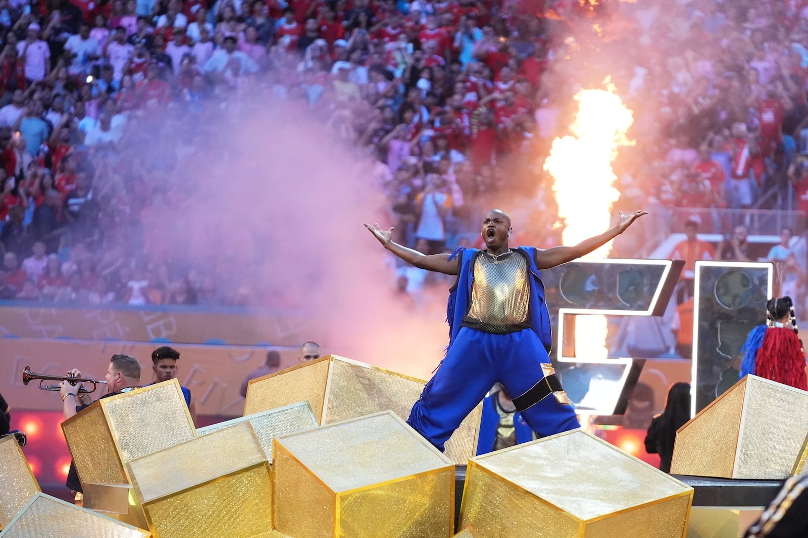Artists perform during the opening ceremony ahead of the Club World Cup group A soccer match between Al Ahly and Inter Miami in Miami, Fla., Saturday, June 14, 2025. (AP Photo/Lynne Sladky)