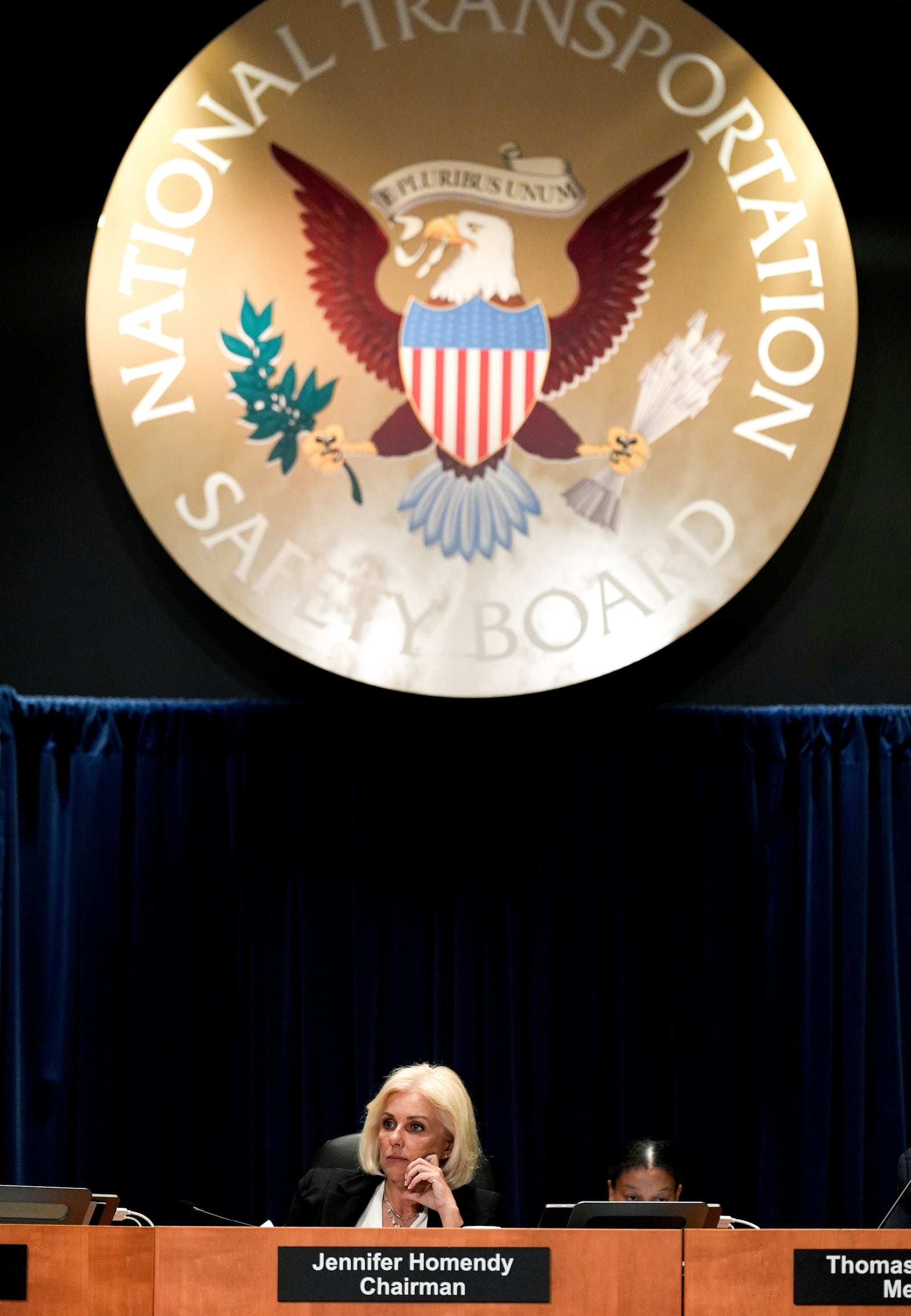 National Transportation Safety Board chairman Jennifer Homendy listens during a meeting about Alaska Airlines Flight 1282, Tuesday, June 24, 2025. (AP Photo/Julia Demaree Nikhinson)
