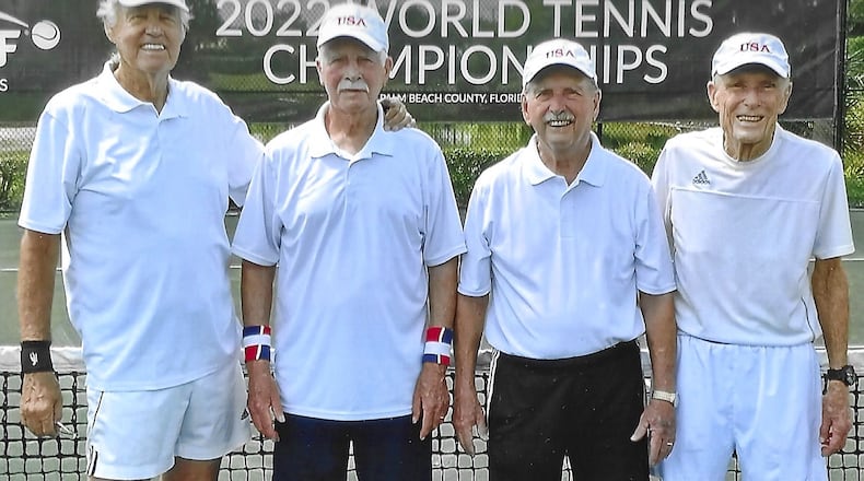 Team winners from the World Tennis Championship are (from left) Herm Ahlers, from Nevada; Jerald Haynes, from Indiana; George McCabe, from Oxford; and King Van Nostrand, from Florida. McCabe, 90, was asked to play with the 85-year-old team in the team event because they were short a player. CONTRIBUTED