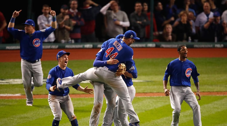 CLEVELAND, OH - NOVEMBER 02: The Chicago Cubs celebrate after winning 8-7 in Game Seven of the 2016 World Series at Progressive Field on November 2, 2016 in Cleveland, Ohio. (Photo by Gregory Shamus/Getty Images)