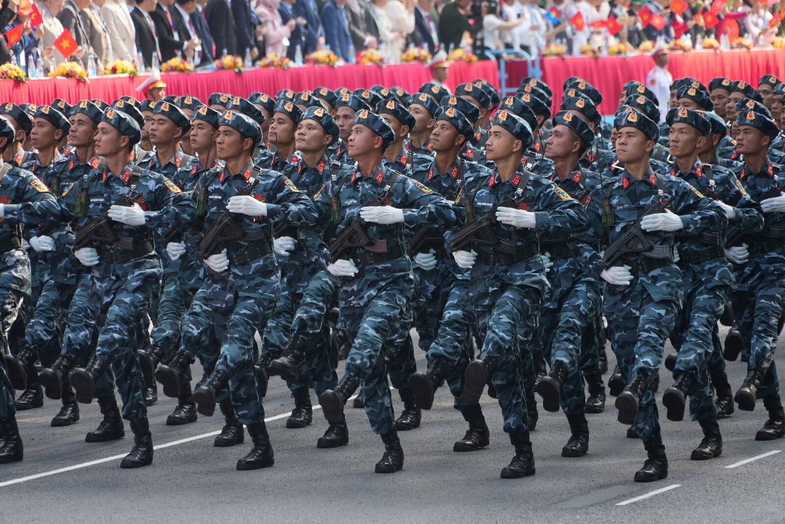 Vietnamese troops march during a parade to commemorate the 50th anniversary of the end of the Vietnam War in Ho Chi Minh City Wednesday, April 30, 2025. (AP Photo/Hau Dinh)