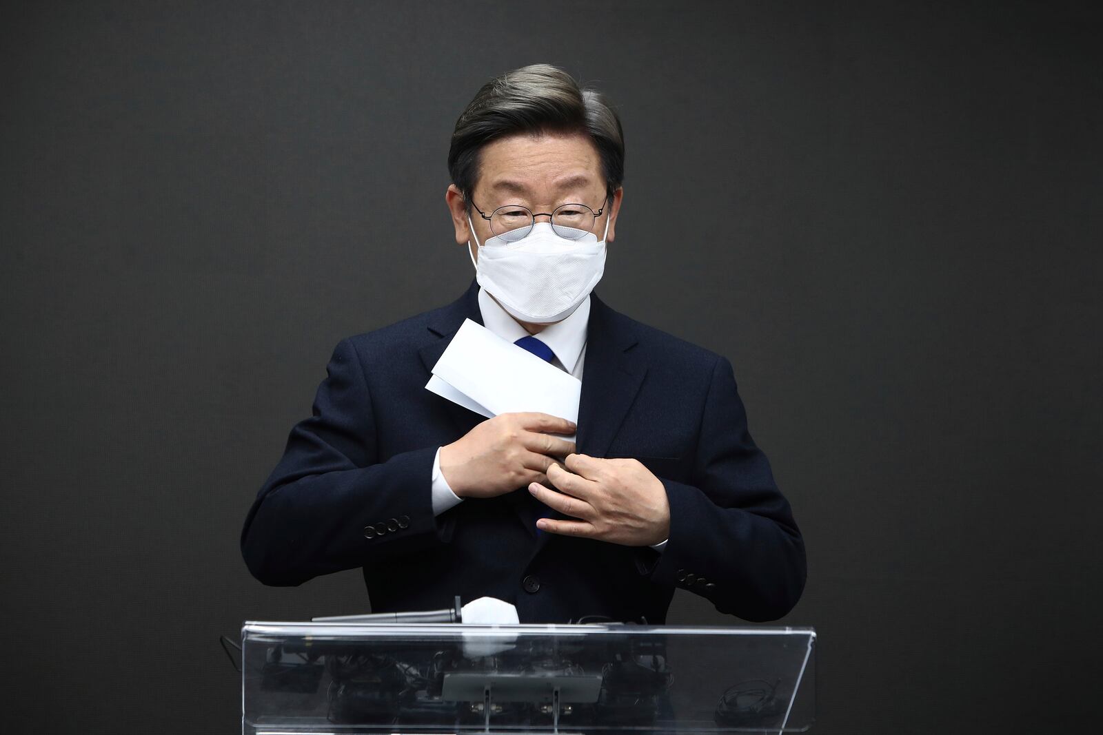 FILE - South Korean presidential candidate Lee Jae-myung of the Democratic Party admits defeat in the election at the party's headquarters in Seoul, South Korea, on March, 10, 2022. (Chung Sung-Jun/Pool Photo via AP, File)