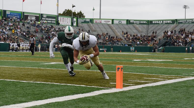 Jordan Franks #5 of the UCF Knights dives for a touchdown during the first quarter of a game against the Tulane Green Wave on October 3, 2015 at Yulman Stadium in New Orleans, Louisiana. (Photo by Stacy Revere/Getty Images)
