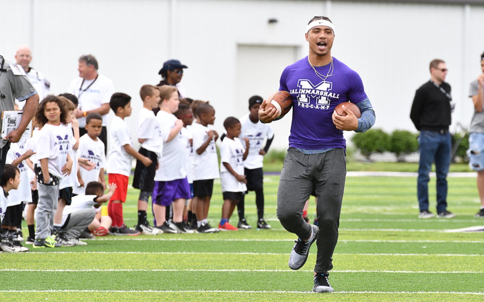 Former Middletown star and current New York Jet receiver Jalin Marshall runs during a camp for elementary and middle school students on Sunday afternoon at Barnitz Stadium. Contributed Photo by Bryant Billing