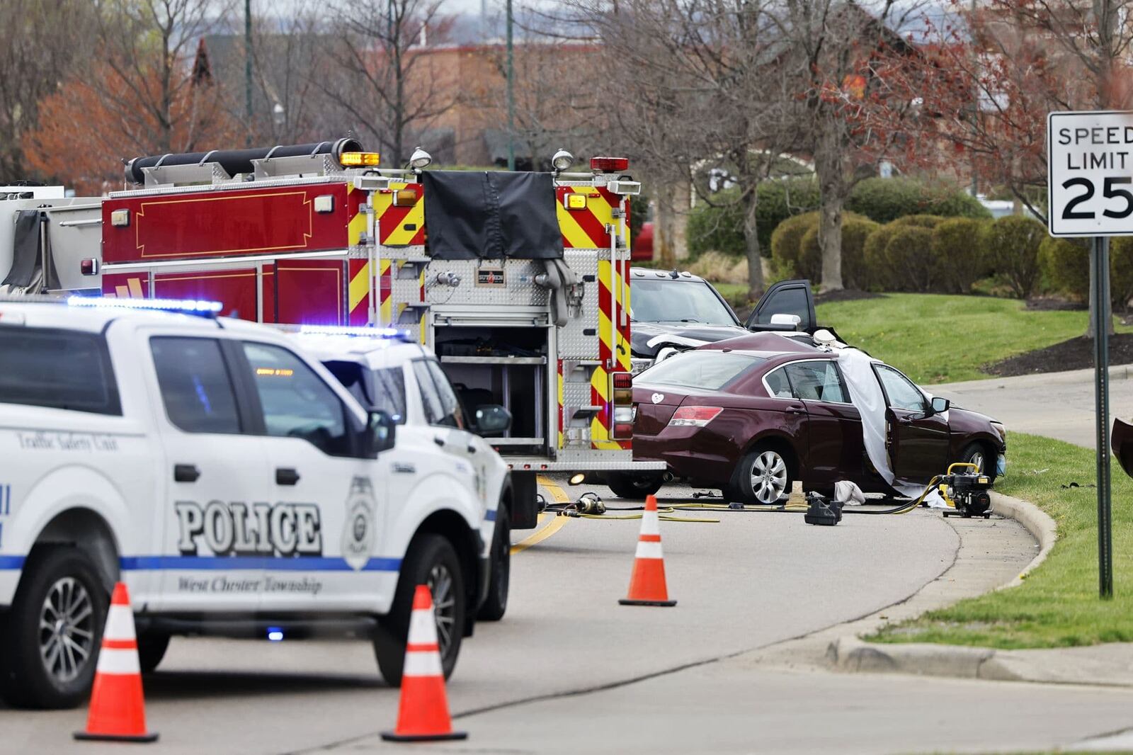 At least one person was killed Tuesday afternoon, April 12, 2022, in front of AMC movie theater on Civic Centre Boulevard in West Chester Twp.  NICK GRAHAM / STAFF
