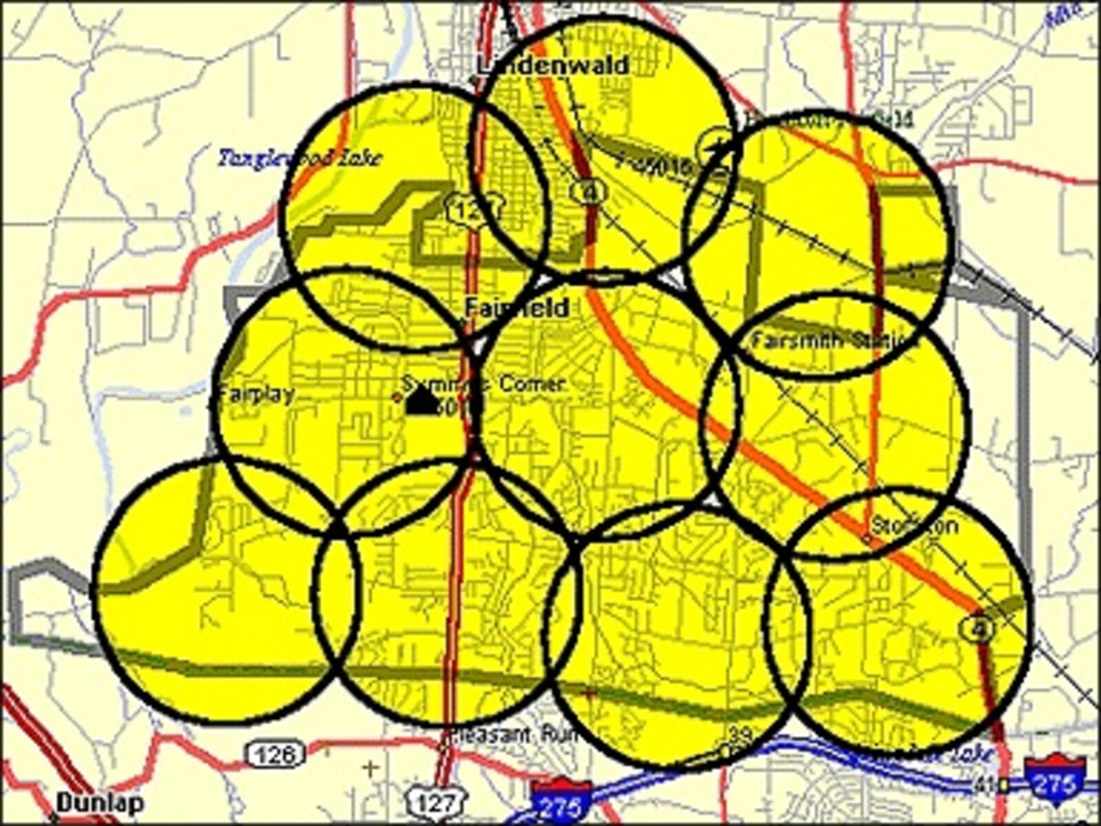 This map shows the area covered by each of Fairfield's 10 outdoor weather alert sirens. Contributed photo