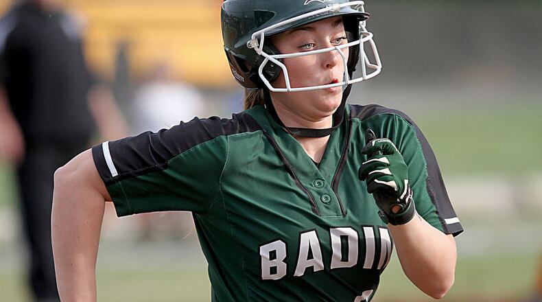 Badin’s Shelby Schmitt sprints down the first-base line Monday during the Rams’ 4-0 victory over visiting Wilmington at Mueller Stadium. CONTRIBUTED PHOTO BY E.L. HUBBARD