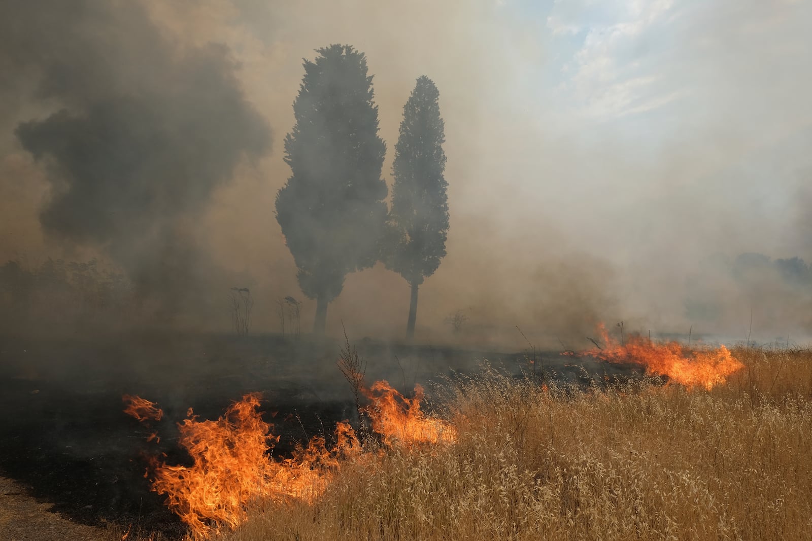 Smoke rises from trees burned by wildfire near Montenegro capital Podgorica, Sunday, July 27, 2025. (AP Photo/Risto Bozovic)