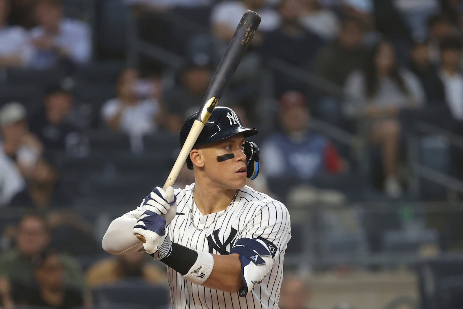 New York Yankees' Aaron Judge bats during the third inning of a baseball game against the Los Angeles Angels, Tuesday, June 17, 2025, in New York. (AP Photo/Pamela Smith)