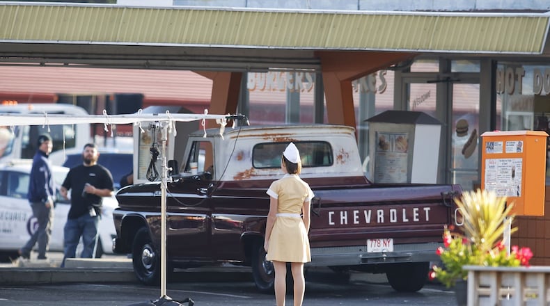 Cast and crew of "The Bikeriders" film at Jolly's root beer stand on Brookwood Avenue in Hamilton Thurs., Oct. 6, 2022. The movie has been filming in Cincinnati and is expected to film at another Hamilton location later in the month. The Bikeriders is a movie inspired by the Danny Lyon photography book of the same name set in the 1960s and follows the rise of a fictional Midwestern motorcycle club as told through its members. NICK GRAHAM/STAFF