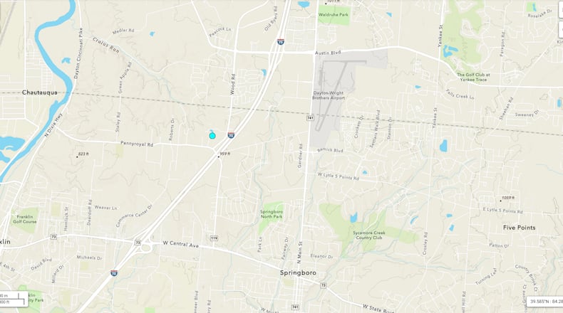 The U.S. Geological Survey reported a minor earthquake in northwest Springboro late Sunday morning on Aug. 31, 2025. Map courtesy the U.S. Geological Survey.