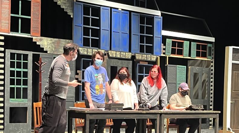 Suggested caption: The cast of “Amour” is seen rehearsing. Pictured from left to right: Scott Christian, Clancey Butts, Maria Helbig, Katelyn Quinn and Sean Miller-Jones. Performances will be held at Parrish Auditorium on Thurs. through Sun., Feb. 10, 11, 12 and 13. Show times are 7:30 p.m. Thurs., Fri., Sat. and at 2 p.m. on Sun. CONTRIBUTED/ANNA BROWN