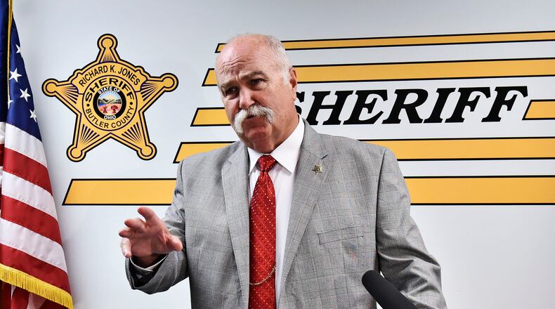 Butler County Sheriff Richard Jones speaks at a 2017 press conference. Jones on Sunday, Aug. 4, 2019, STAFF FILE PHOTO