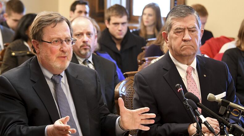 Election lawyers Gary Gordon, left, and John Pirich testify against a proposed recount as members of the Michigan Board of Canvassers meet to certify the presidential election and hear from a party asking for a recount on Monday, Nov 28, 2016 in the Capitol in Lansing. Nearly three weeks after Election Day, Michigan officials certified that Donald Trump won the state by 10,704 votes out of nearly 4.8 million to claim all of its 16 electoral votes. Jill Stein’s Green Party served notice that it would petition for a Michigan recount even as her party pushed forward with recount efforts in Wisconsin and Pennsylvania. (Dale G. Young/Detroit News via AP)